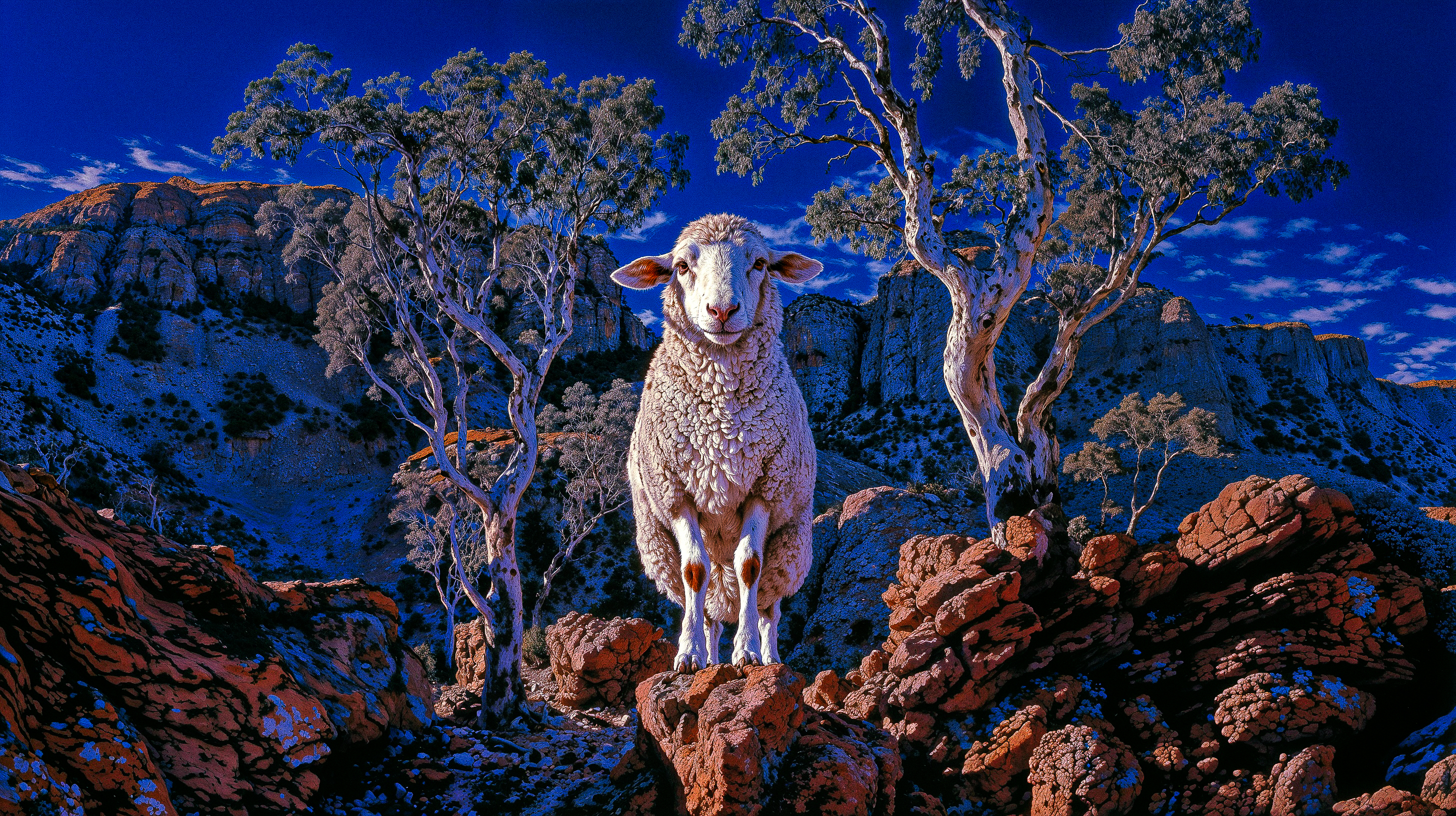 Sheep on red rock with gum trees