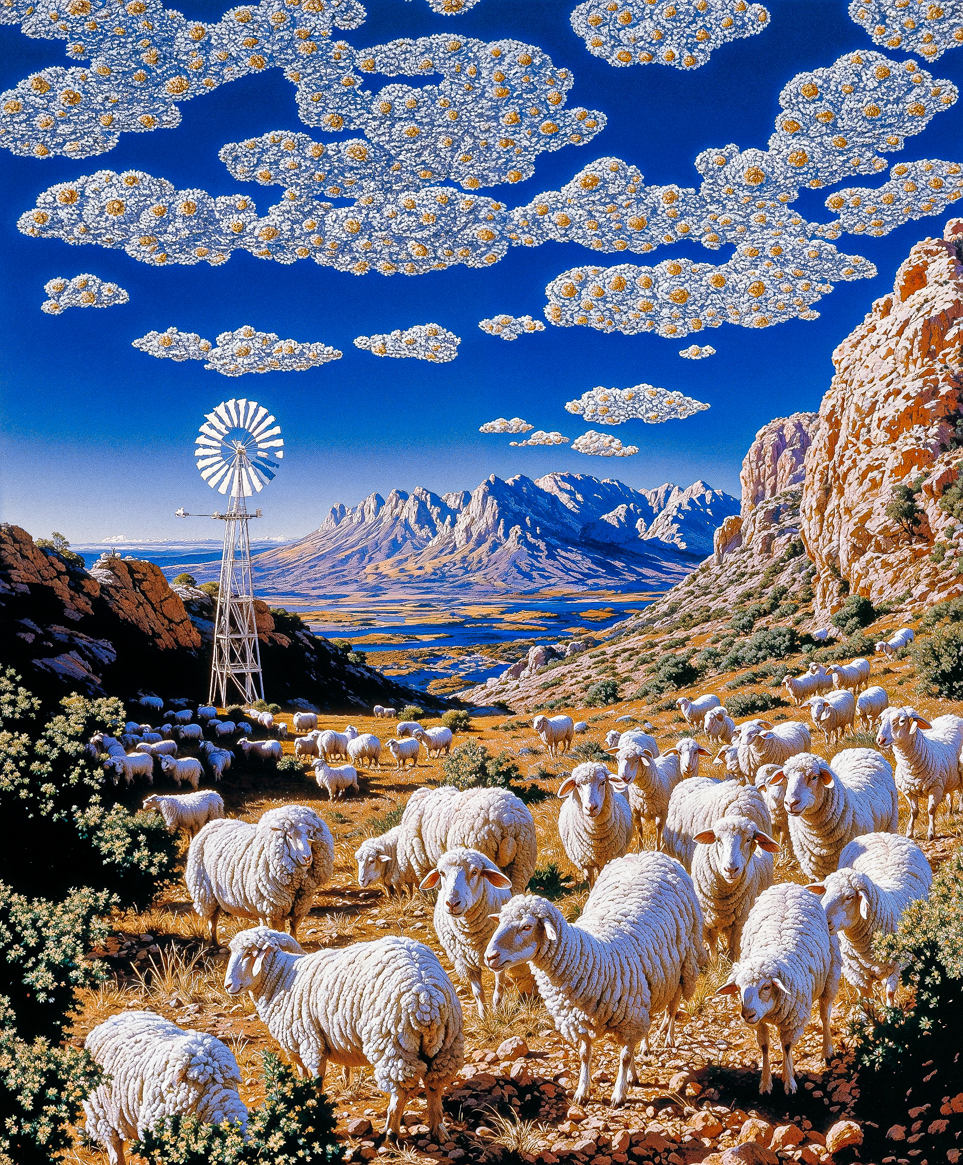 Windmill and wool-cloud sky
